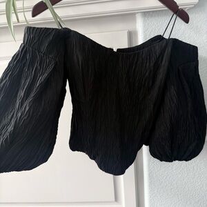 Jonathan Simkhai Black Crinkled Off-Shoulder Top with Puff Sleeves